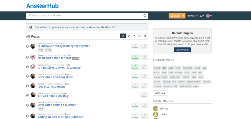 Screenshot of an AnswerHub Instance's Homepage