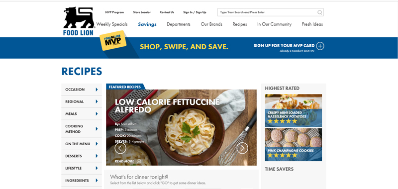 Screenshot from FoodLion's recipe portal