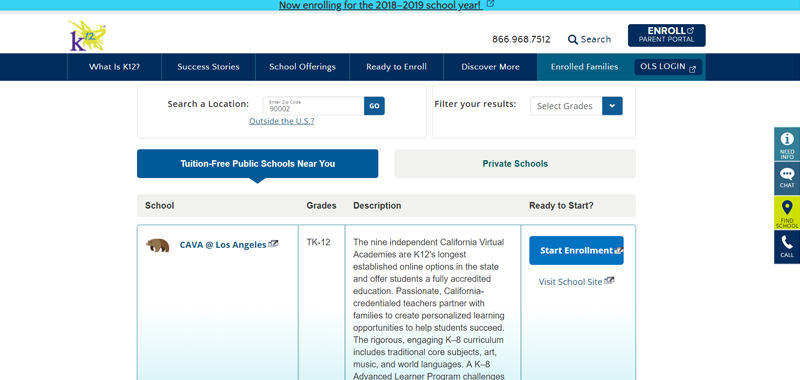 Screenshot from K12's School Finder